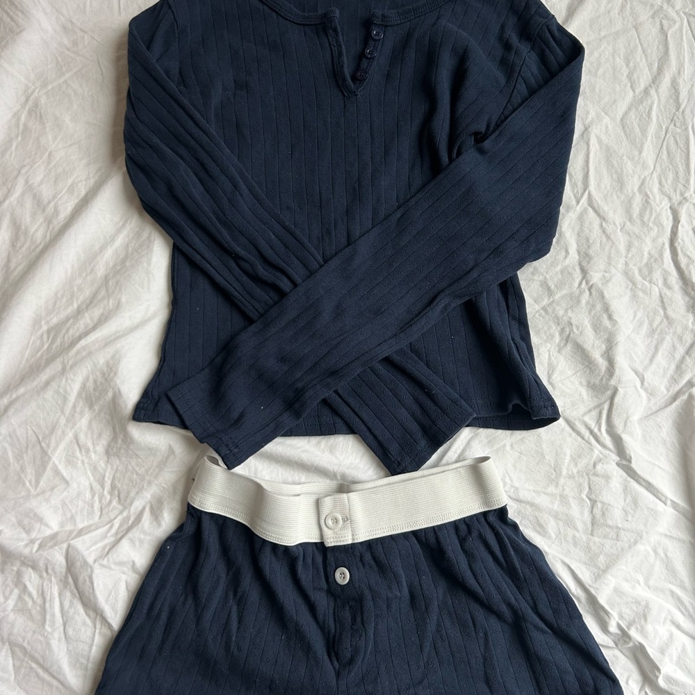 Navy Ribbed Knit Top and Matching Shorts Set with White Waistband